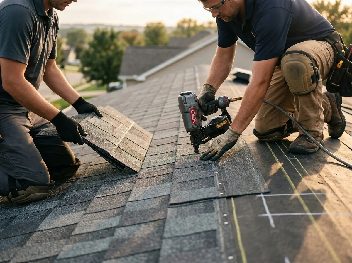 Professional roofer working on a residential roof in Ewing